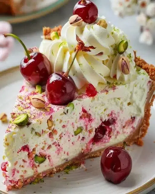 Lemon-Lime Cherry Pistachio Cheesecake topped with cherries and pistachios