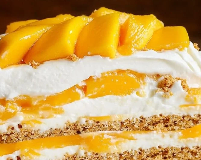 Delicious homemade Mango Float dessert with layers of mango and cream
