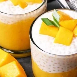 Delicious Mango Sago dessert with mango pulp and tapioca pearls.