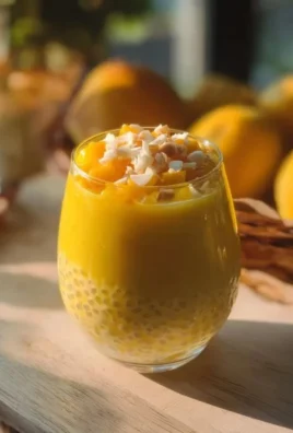 Delicious Mango Sago dessert pudding topped with fresh mango slices.