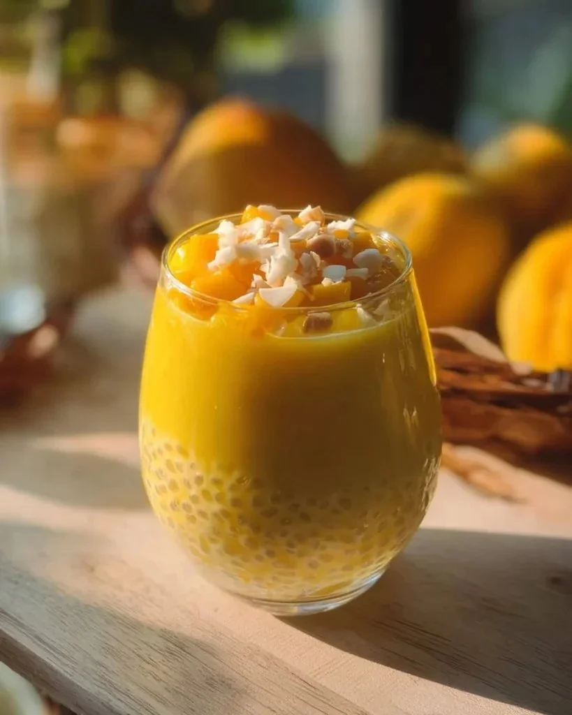 Delicious Mango Sago dessert pudding topped with fresh mango slices.