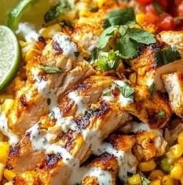 Delicious street corn chicken rice bowl served with vibrant ingredients.