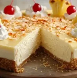 Slice of creamy Pina Colada Cheesecake topped with coconut and pineapple