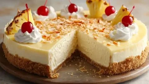 Slice of creamy Pina Colada Cheesecake topped with coconut and pineapple