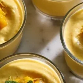Pioneer Woman Mango Mousse dessert ready to serve in a glass bowl