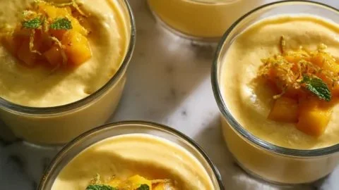 Pioneer Woman Mango Mousse dessert ready to serve in a glass bowl