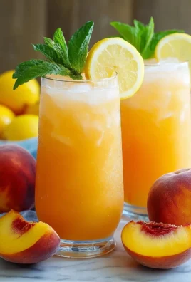 A glass of refreshing peach lemonade garnished with peach slices and lemon.