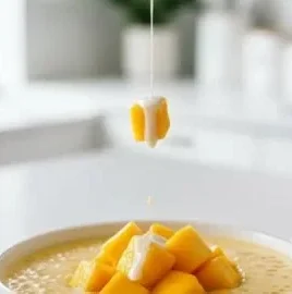 Delicious restaurant-quality mango sago dessert served in a clear bowl.