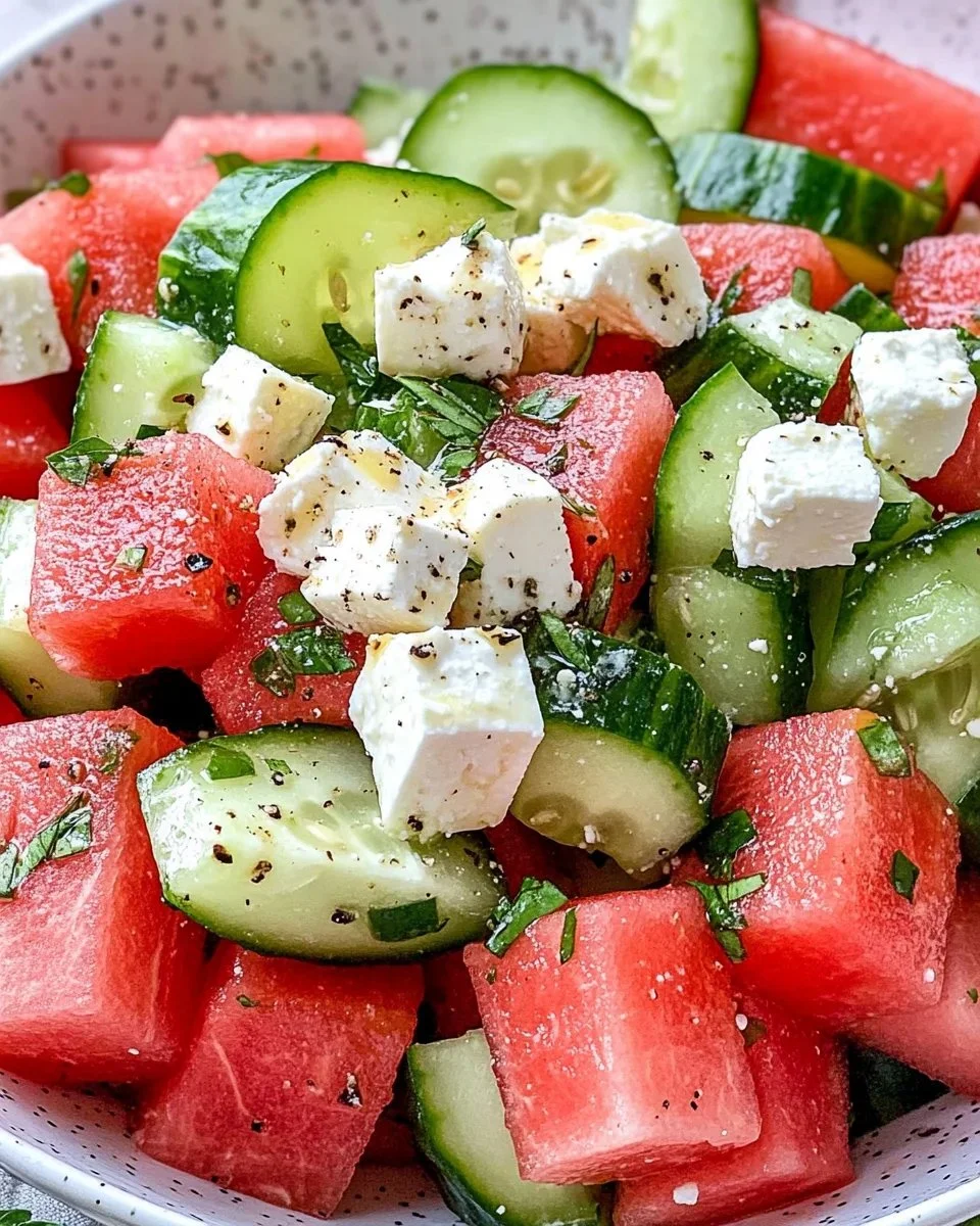 Fresh watermelon cucumber feta salad served in a bowl