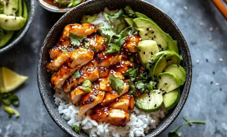 Spicy honey-ginger chicken bowls served with fresh vegetables and rice