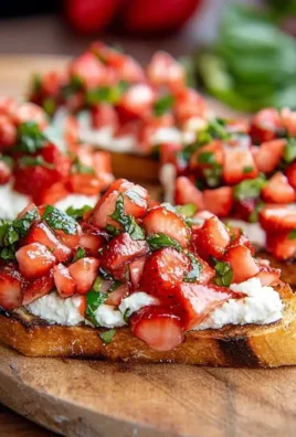 Delicious strawberry ricotta bruschetta topped with fresh strawberries and herbs.