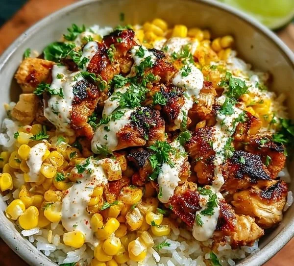 Delicious Street Corn Chicken Rice Bowl topped with fresh ingredients