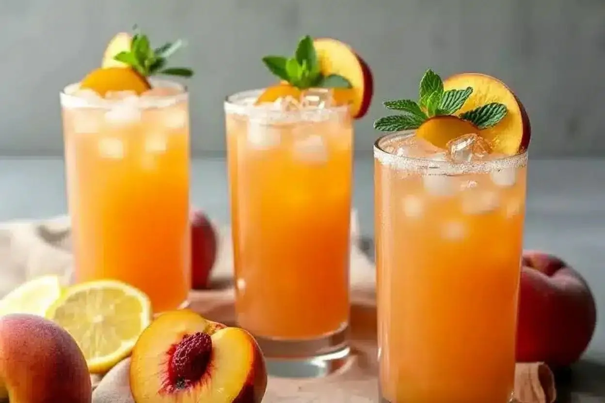 Glass of sweet peach lemonade with fresh peaches and mint garnish
