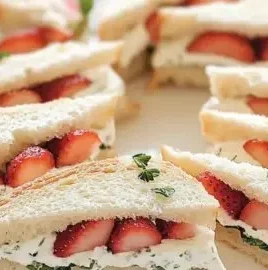 Sweet strawberry tea sandwiches served on a delicate plate for afternoon tea.