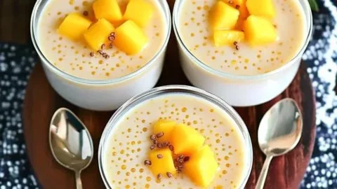 Delicious bowl of Tropical Mango Sago dessert with coconut milk and fresh mango cubes.