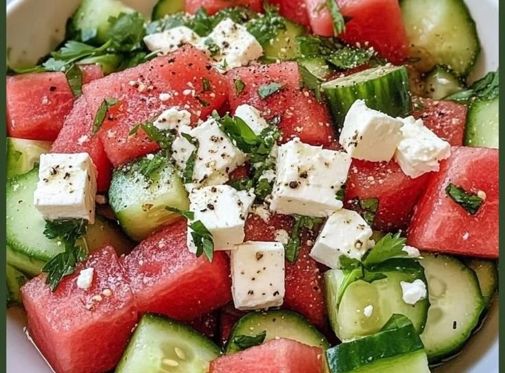 Refreshing Watermelon Cucumber Salad with Feta served in a bowl
