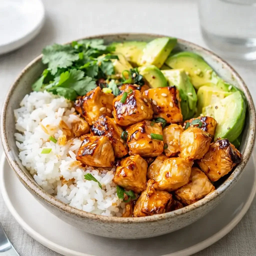 Delicious hot honey chicken bowl with vibrant vegetables and rice