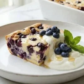 Blueberry Cottage Cheese Breakfast Bake served in a dish with fresh blueberries on top.