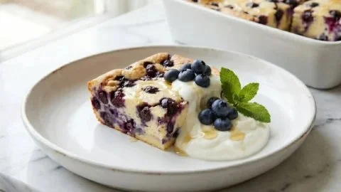 Blueberry Cottage Cheese Breakfast Bake served in a dish with fresh blueberries on top.