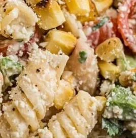 Delicious Corn Elotes Pasta Salad served in a bowl with fresh ingredients