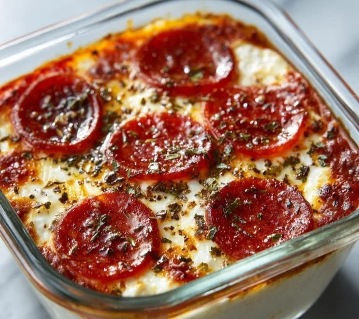 Delicious cottage cheese pizza bowl topped with fresh ingredients