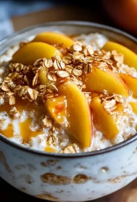 Delicious creamy high-protein peach cobbler overnight oats in a bowl