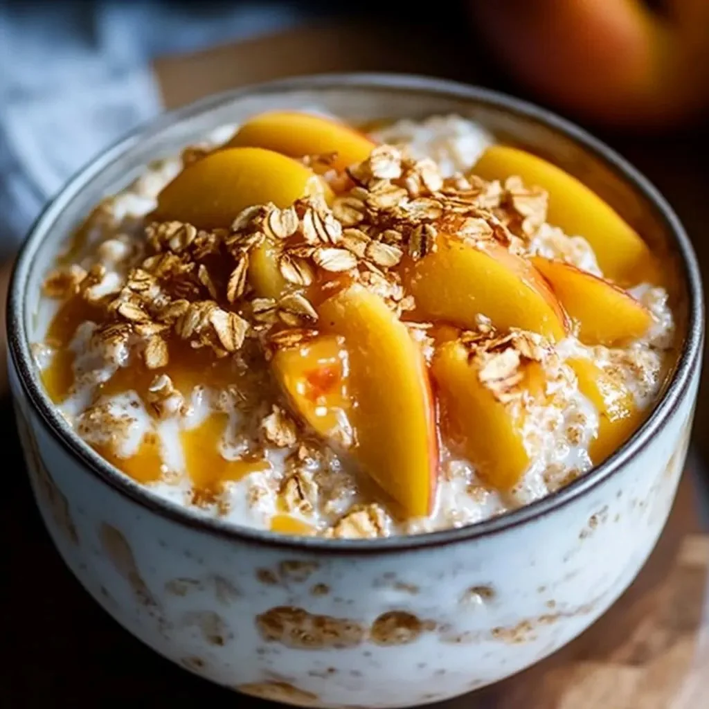 Delicious creamy high-protein peach cobbler overnight oats in a bowl