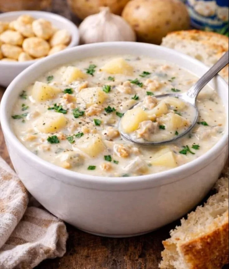 Bowl of creamy homemade clam chowder with potatoes and fresh herbs.
