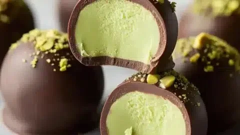 Creamy pistachio ganache truffles beautifully arranged on a plate