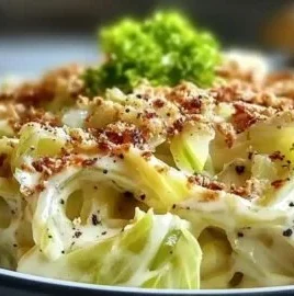 Creamy Skillet Cabbage Alfredo served in a skillet, showcasing comfort food ingredients.