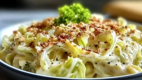 Creamy Skillet Cabbage Alfredo served in a skillet, showcasing comfort food ingredients.