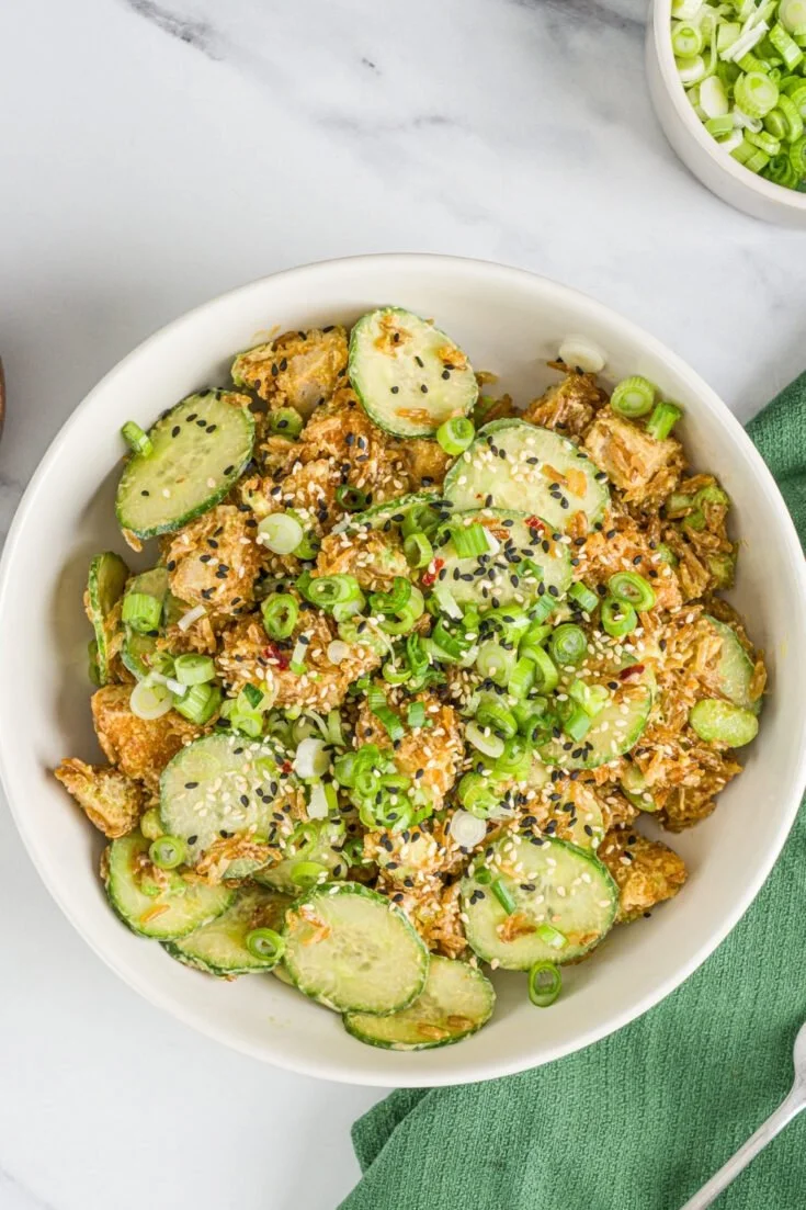 Crispy Rice Salad with Chicken and Cucumber, featuring vibrant colors and textures