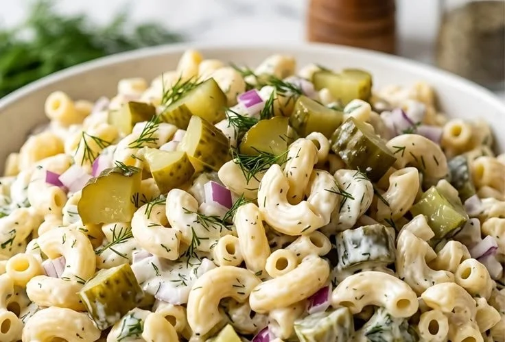Delicious Dill Pickle Pasta Salad served in a bowl with herbs