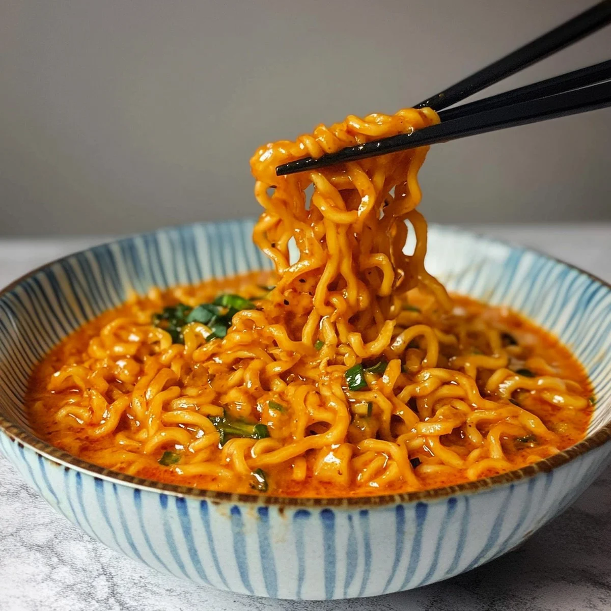 A bowl of spicy Buldak Ramen topped with green onions and chili flakes