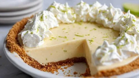 Delicious gluten free key lime pie topped with whipped cream and lime slices