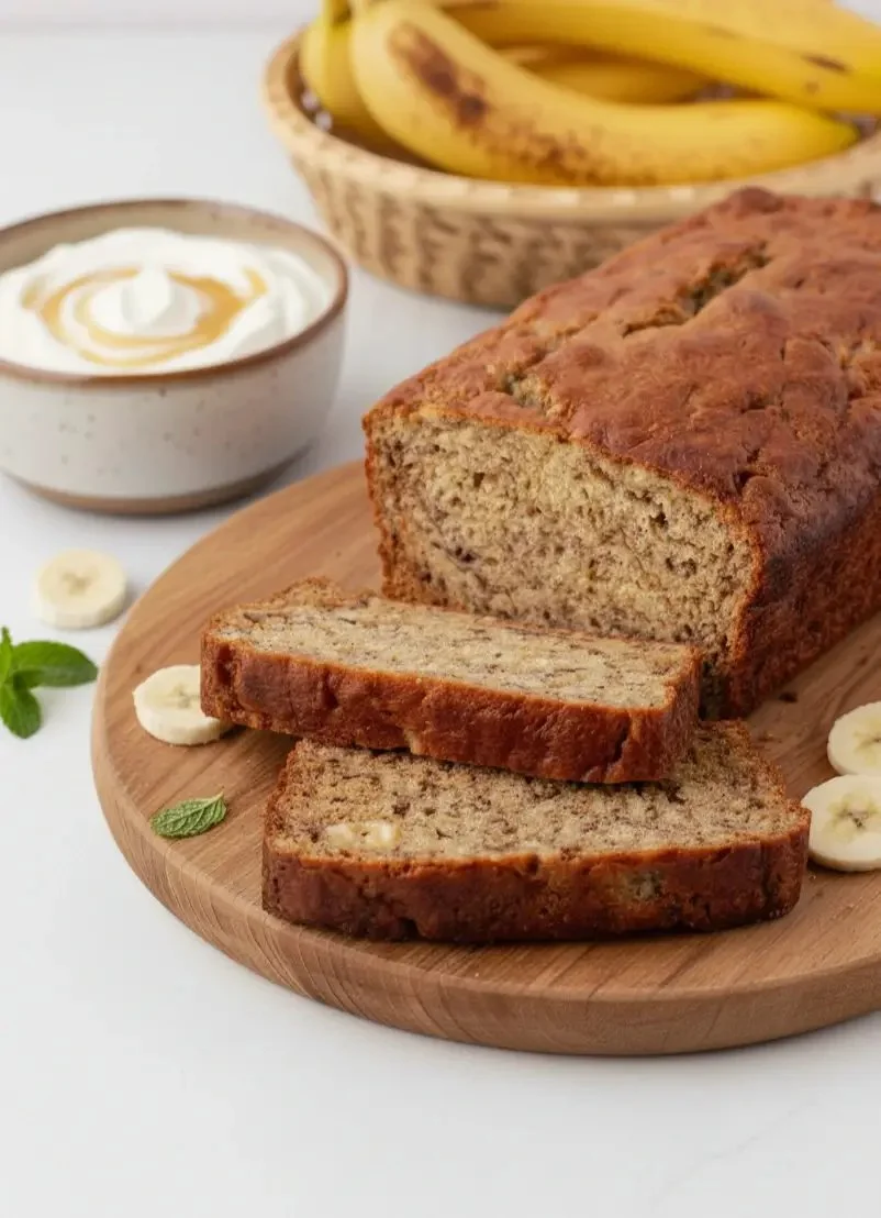Delicious slice of Greek yogurt banana bread on a wooden table