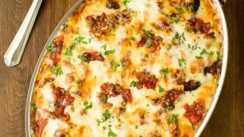Eggplant and Italian Sausage Gratin, a flavorful layered dish