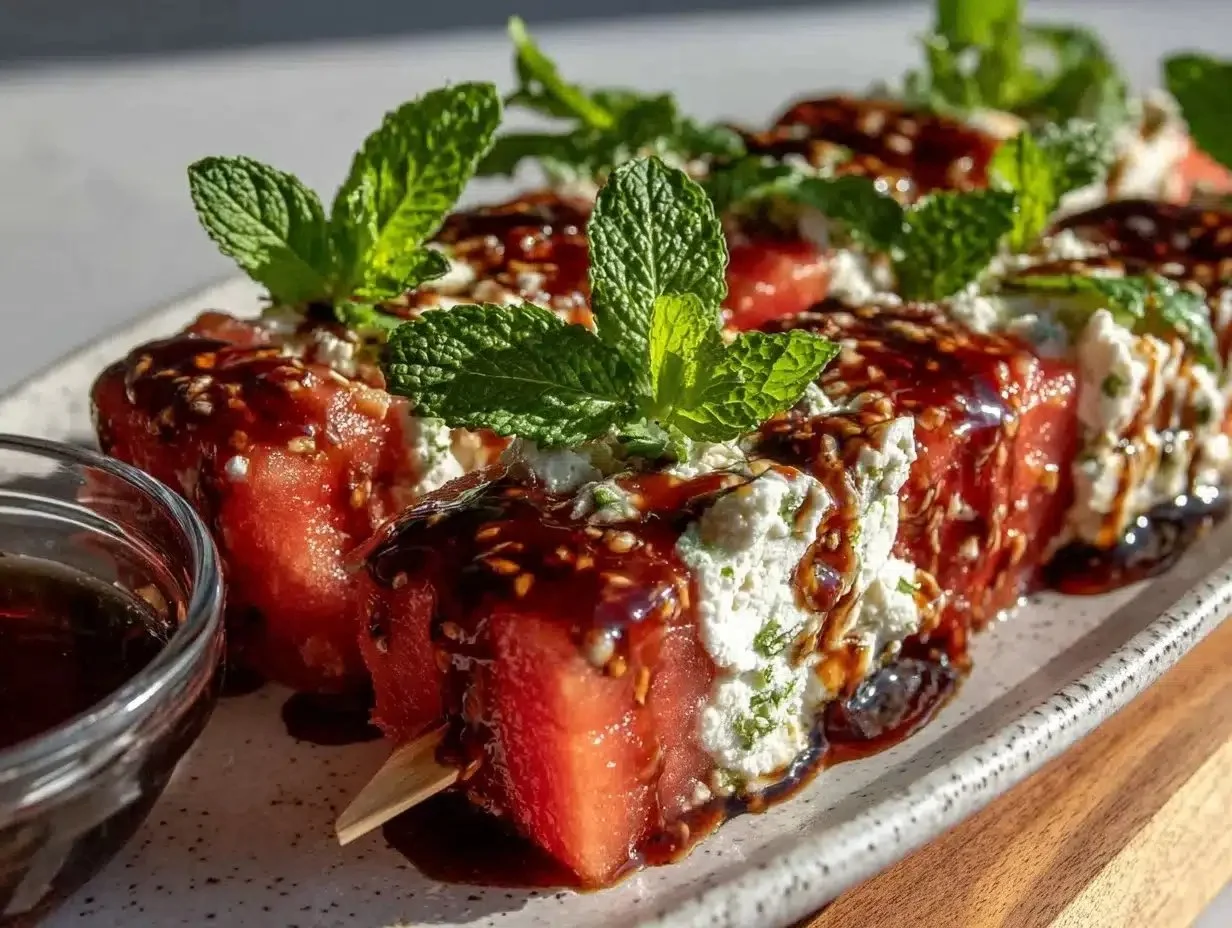 Fresh watermelon feta skewers topped with mint and balsamic glaze
