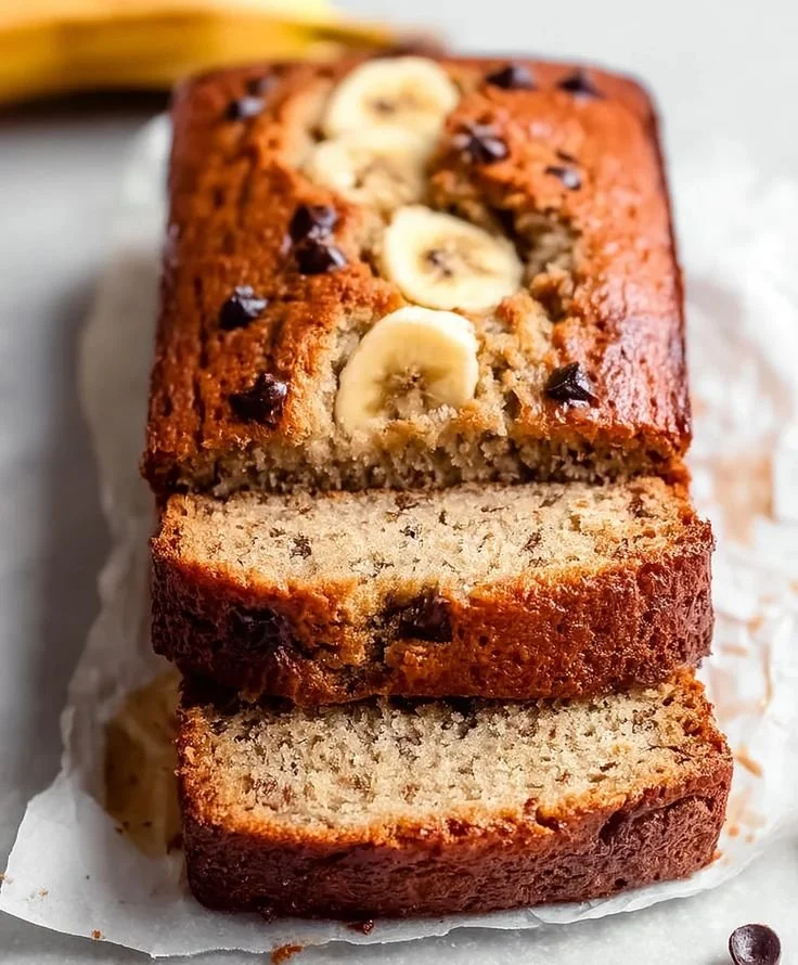 Slice of Greek Yogurt Banana Bread on a plate with bananas