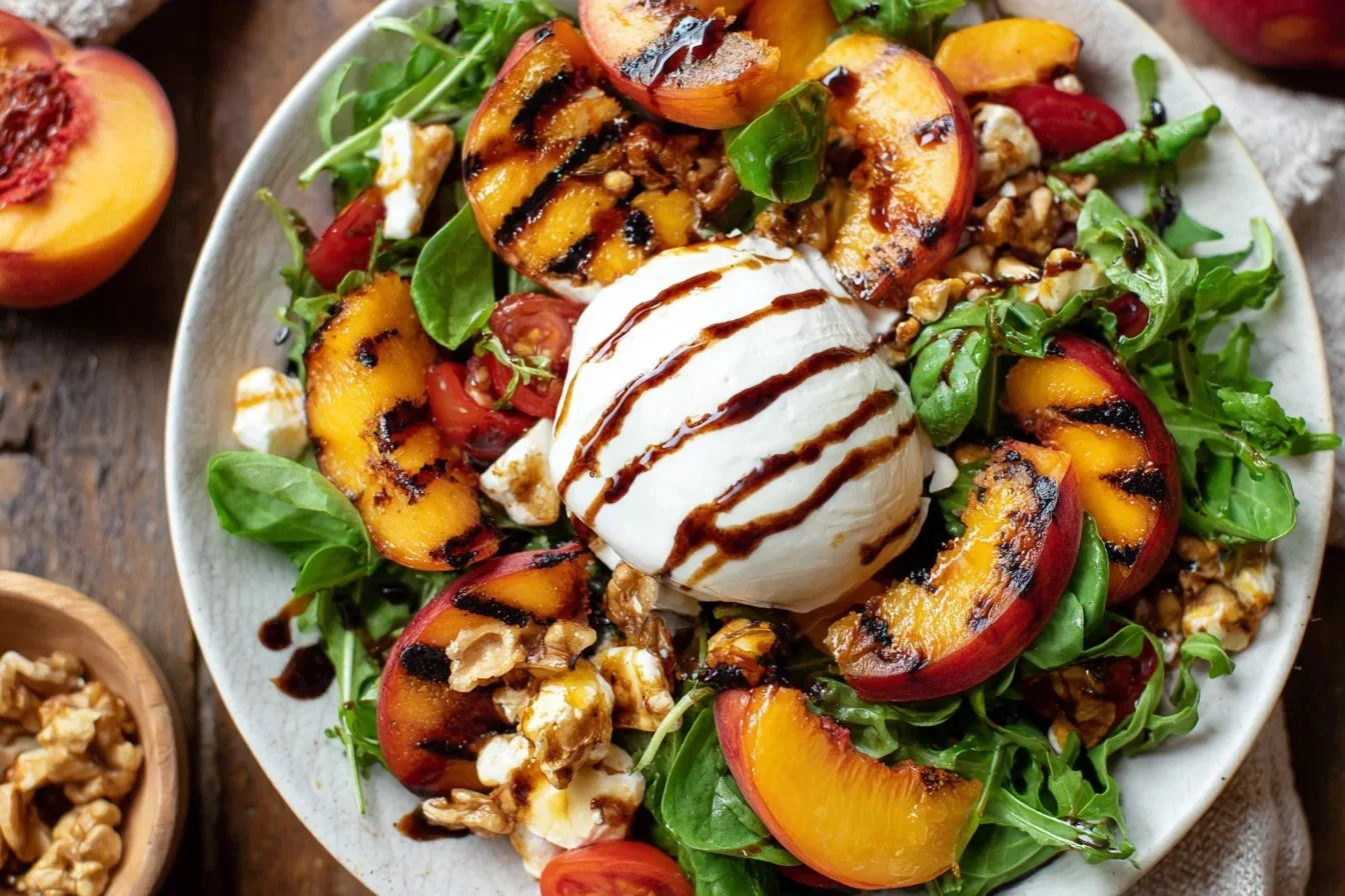 Delicious grilled peach and burrata salad served with fresh greens