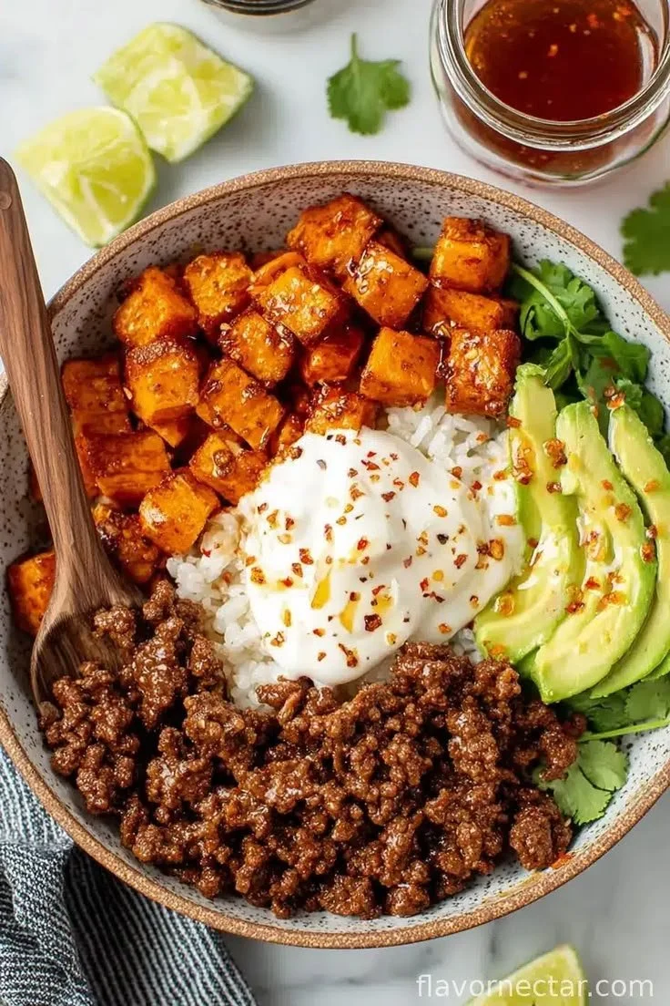 Hot Honey Beef Bowls with vibrant toppings in a bowl