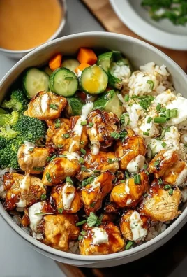Delicious Hot Honey Chicken Bowl topped with vibrant vegetables and drizzle of honey