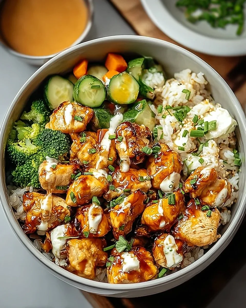 Delicious Hot Honey Chicken Bowl topped with vibrant vegetables and drizzle of honey
