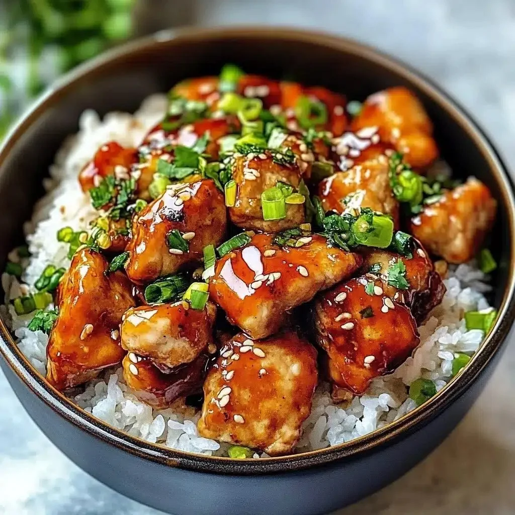 Delicious Hot Honey Chicken Bowl topped with colorful vegetables