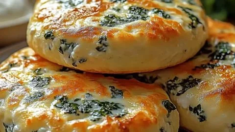 Spinach cottage cheese bagels sliced and served on a plate with herbs
