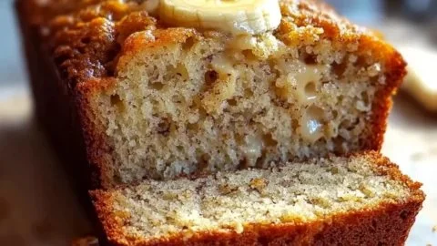 Deliciously moist banana bread fresh out of the oven, topped with banana slices.