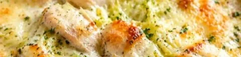 Keto Chicken Alfredo Cabbage Bake in a baking dish ready to serve.