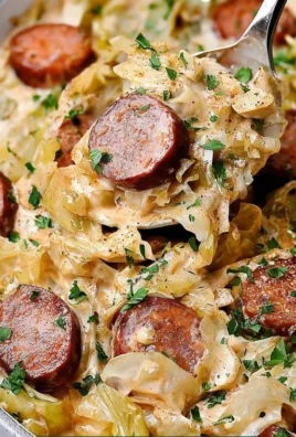 Keto Cajun Sausage Alfredo with cabbage in a creamy sauce