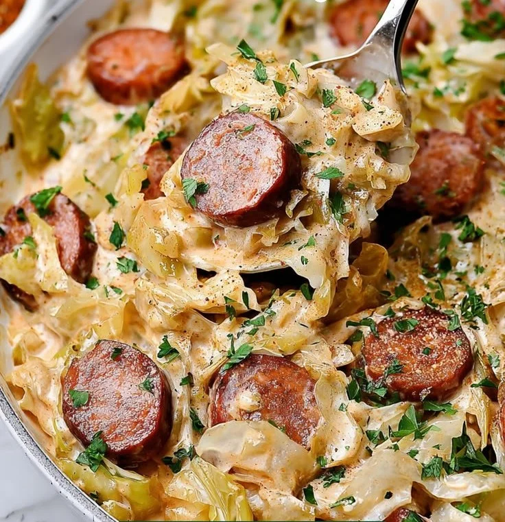 Keto Cajun Sausage Alfredo with cabbage in a creamy sauce