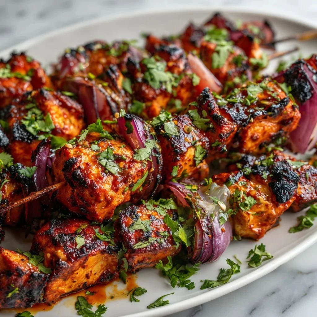 Spicy Mexican barbecue chicken skewers grilled with vibrant vegetables.
